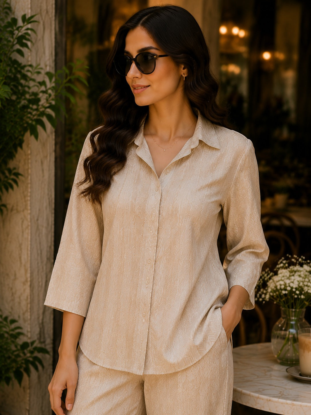 Beige Abstract Printed Shirt & Palazzo Co-Ord Set