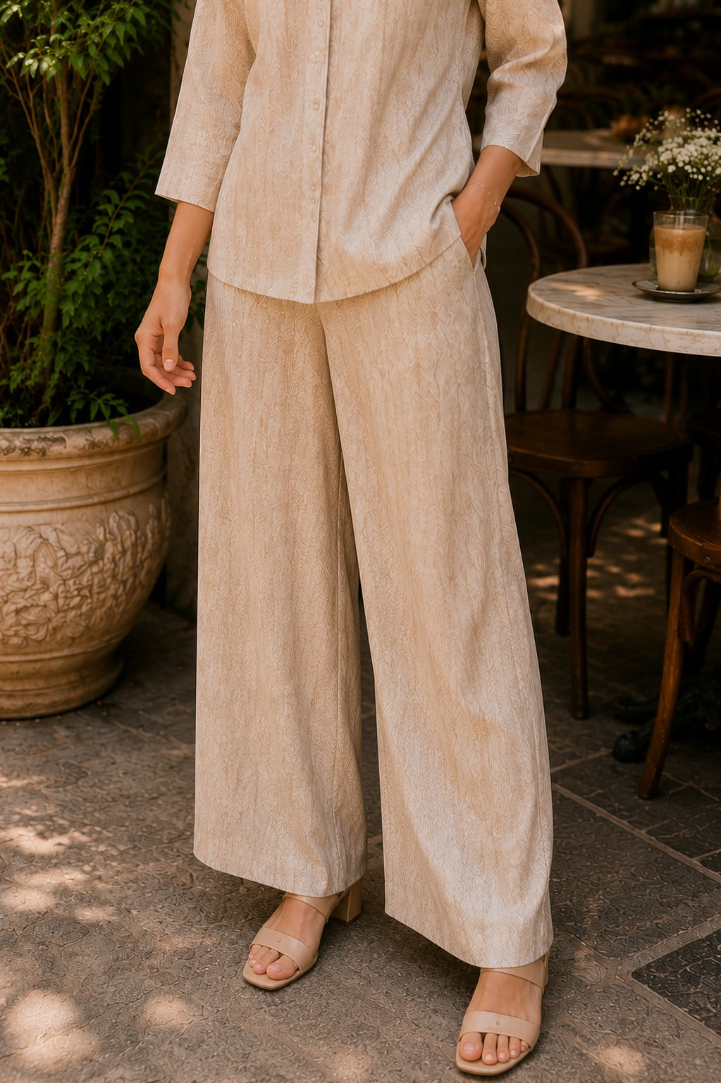 Beige Abstract Printed Shirt & Palazzo Co-Ord Set