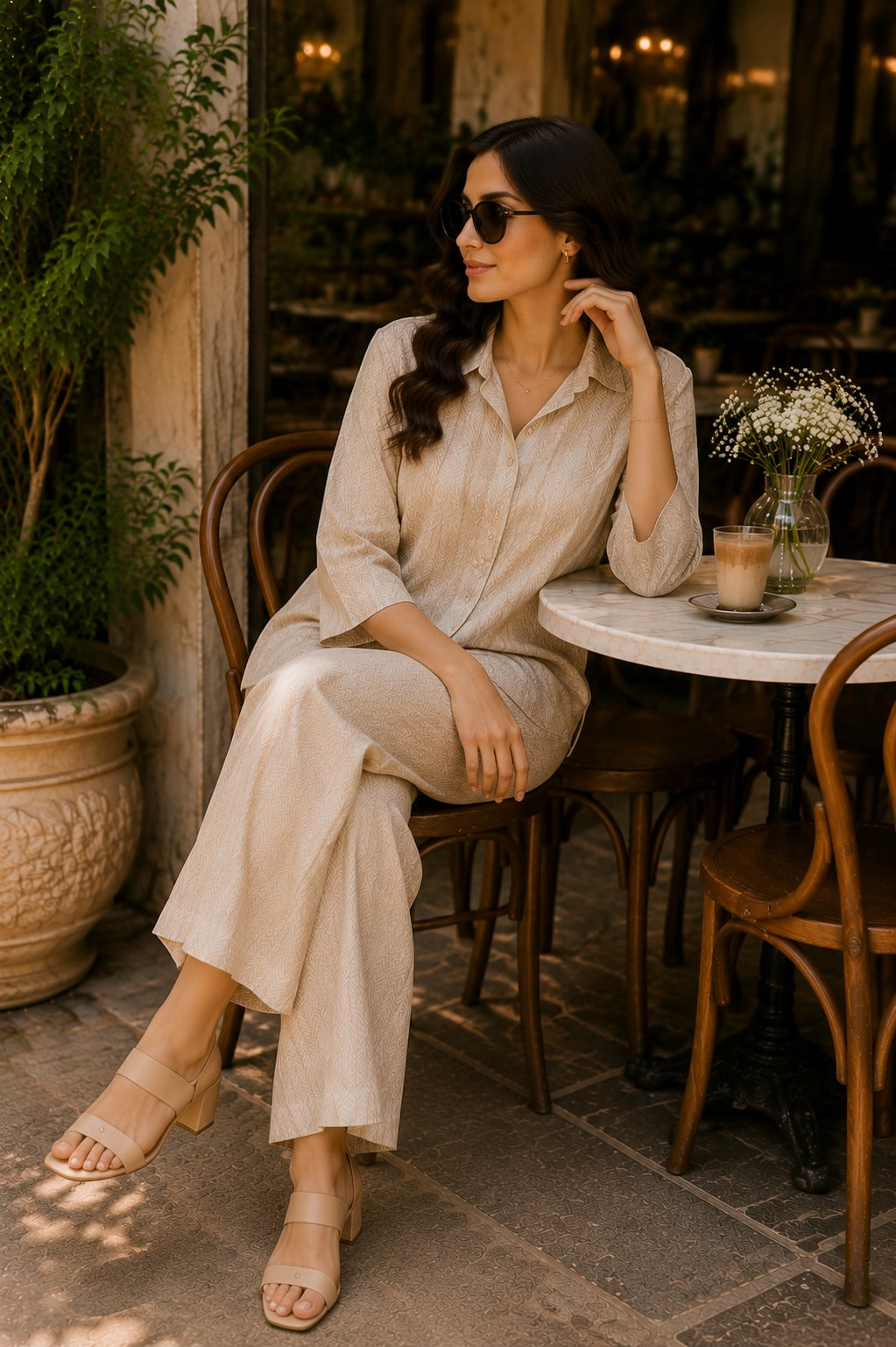 Beige Abstract Printed Shirt & Palazzo Co-Ord Set