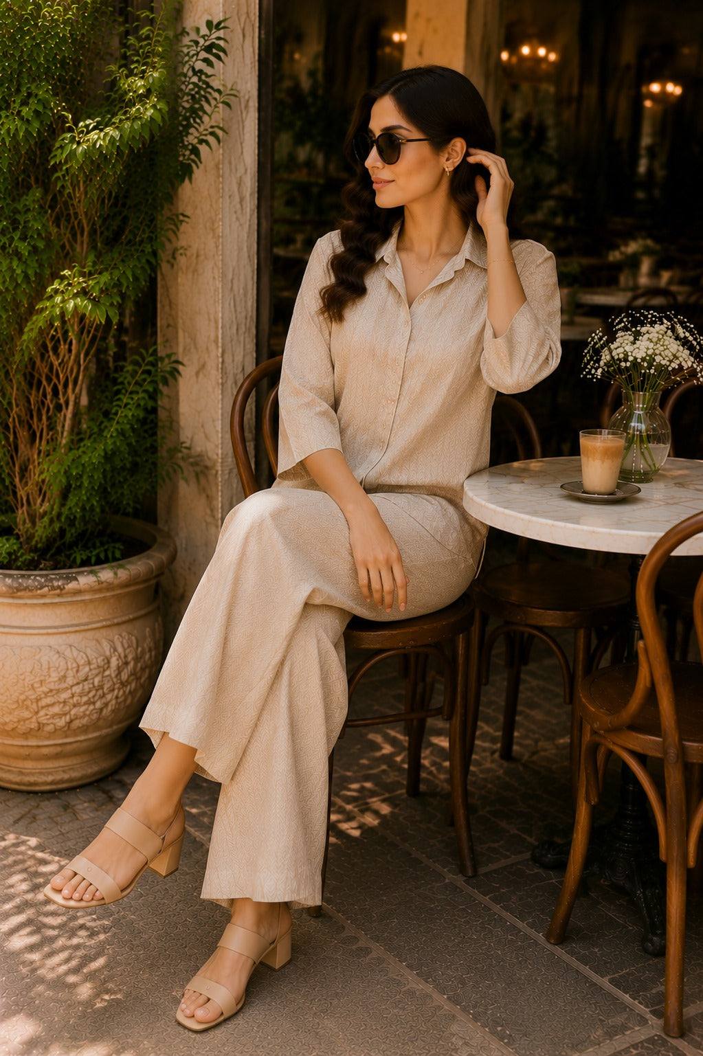 Beige Abstract Printed Shirt & Palazzo Co-Ord Set