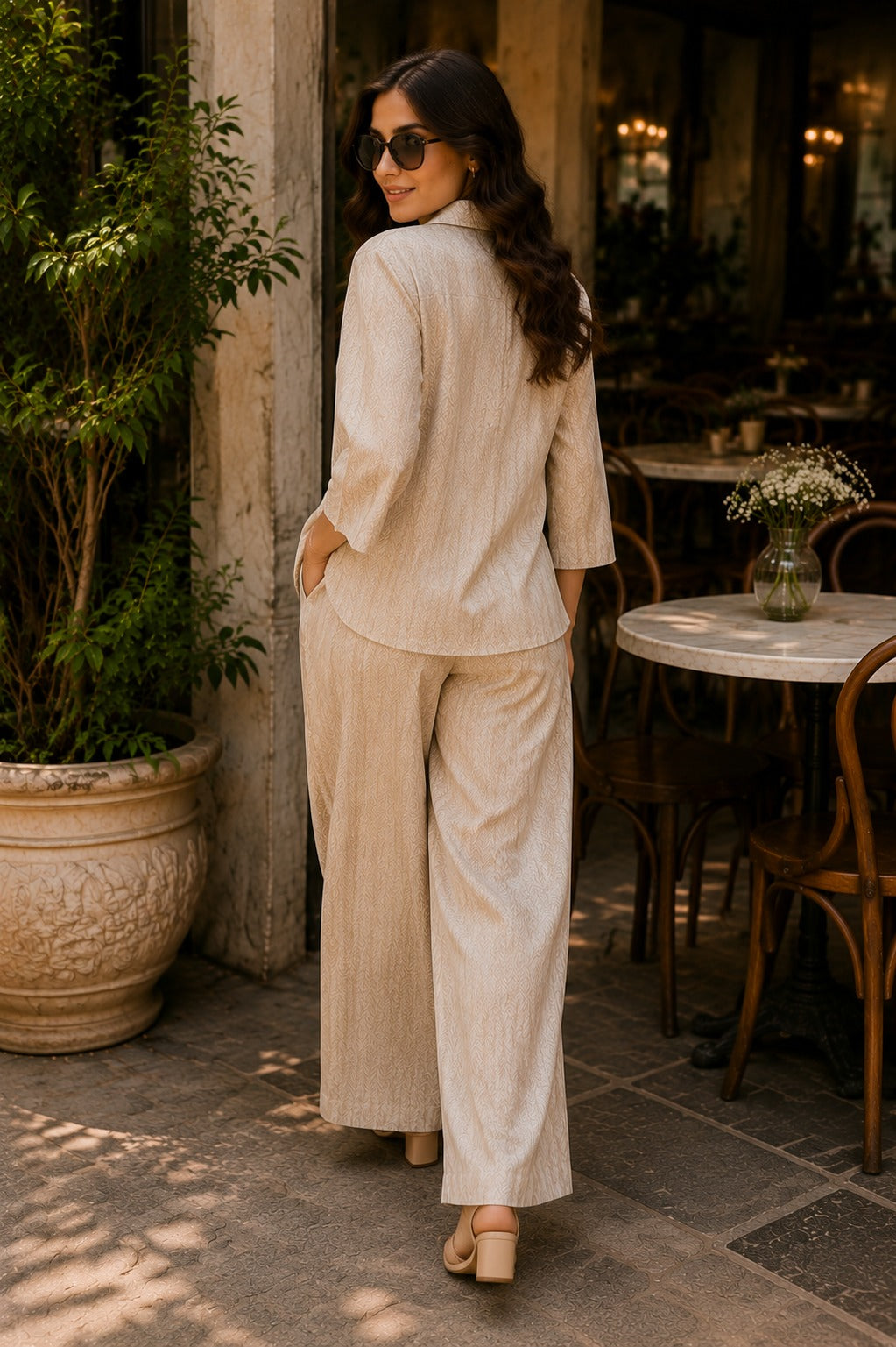 Beige Abstract Printed Shirt & Palazzo Co-Ord Set
