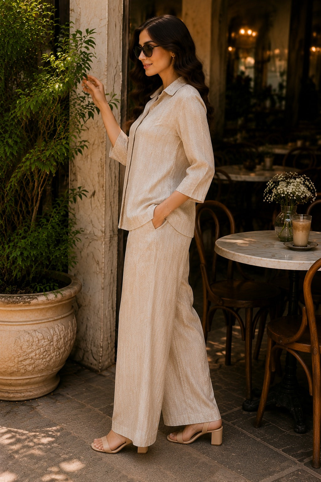 Beige Abstract Printed Shirt & Palazzo Co-Ord Set