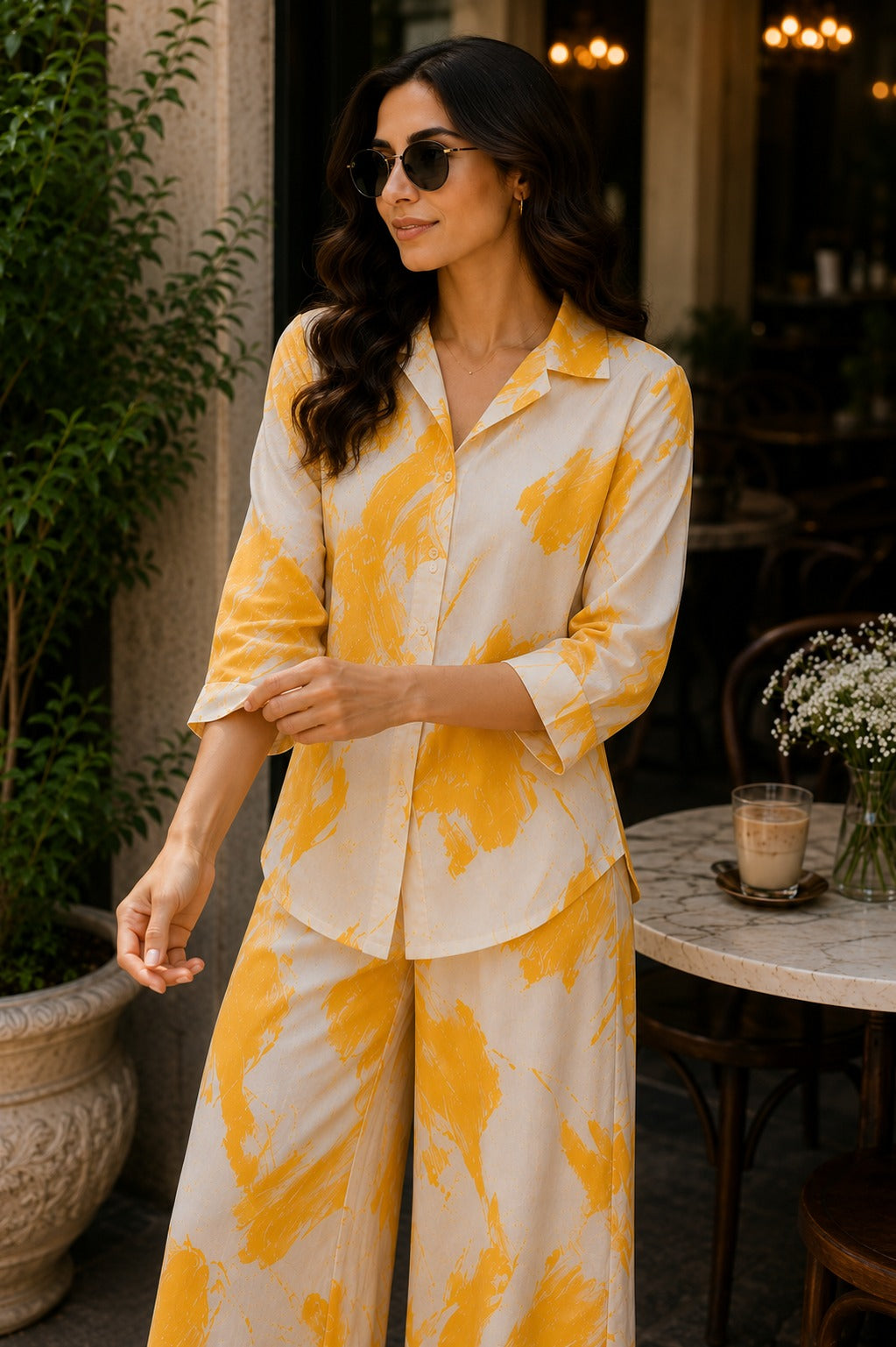Women Mustard & Cream Printed Shirt with Wide-Leg Palazzo Co-ord Set