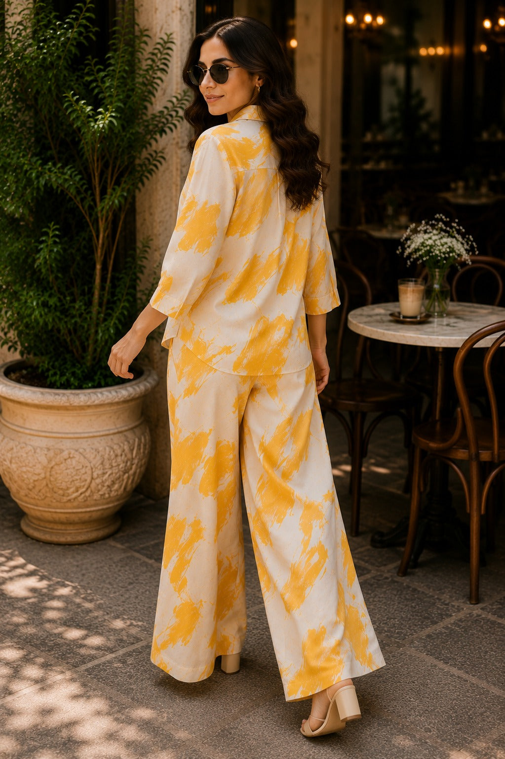 Women Mustard & Cream Printed Shirt with Wide-Leg Palazzo Co-ord Set