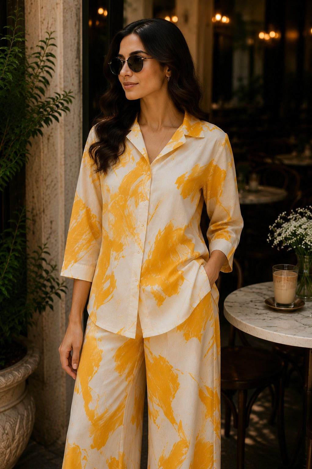 Women Mustard & Cream Printed Shirt with Wide-Leg Palazzo Co-ord Set