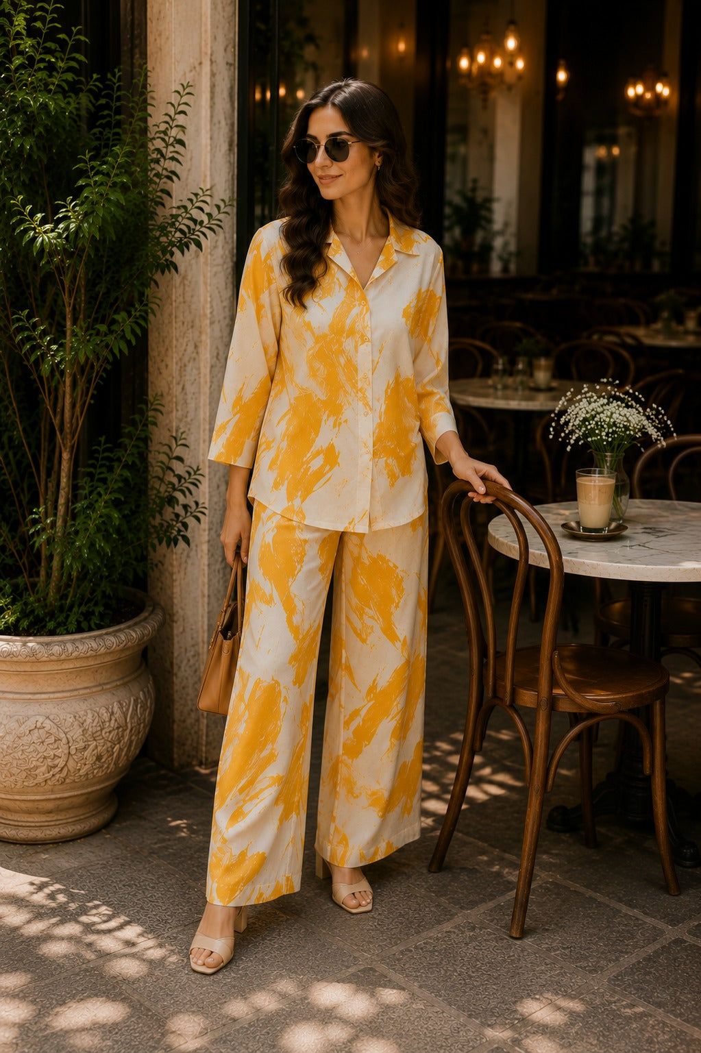 Women Mustard & Cream Printed Shirt with Wide-Leg Palazzo Co-ord Set