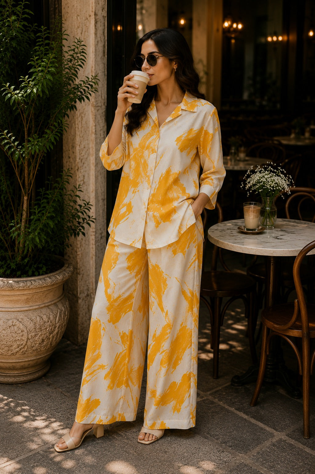 Women Mustard & Cream Printed Shirt with Wide-Leg Palazzo Co-ord Set