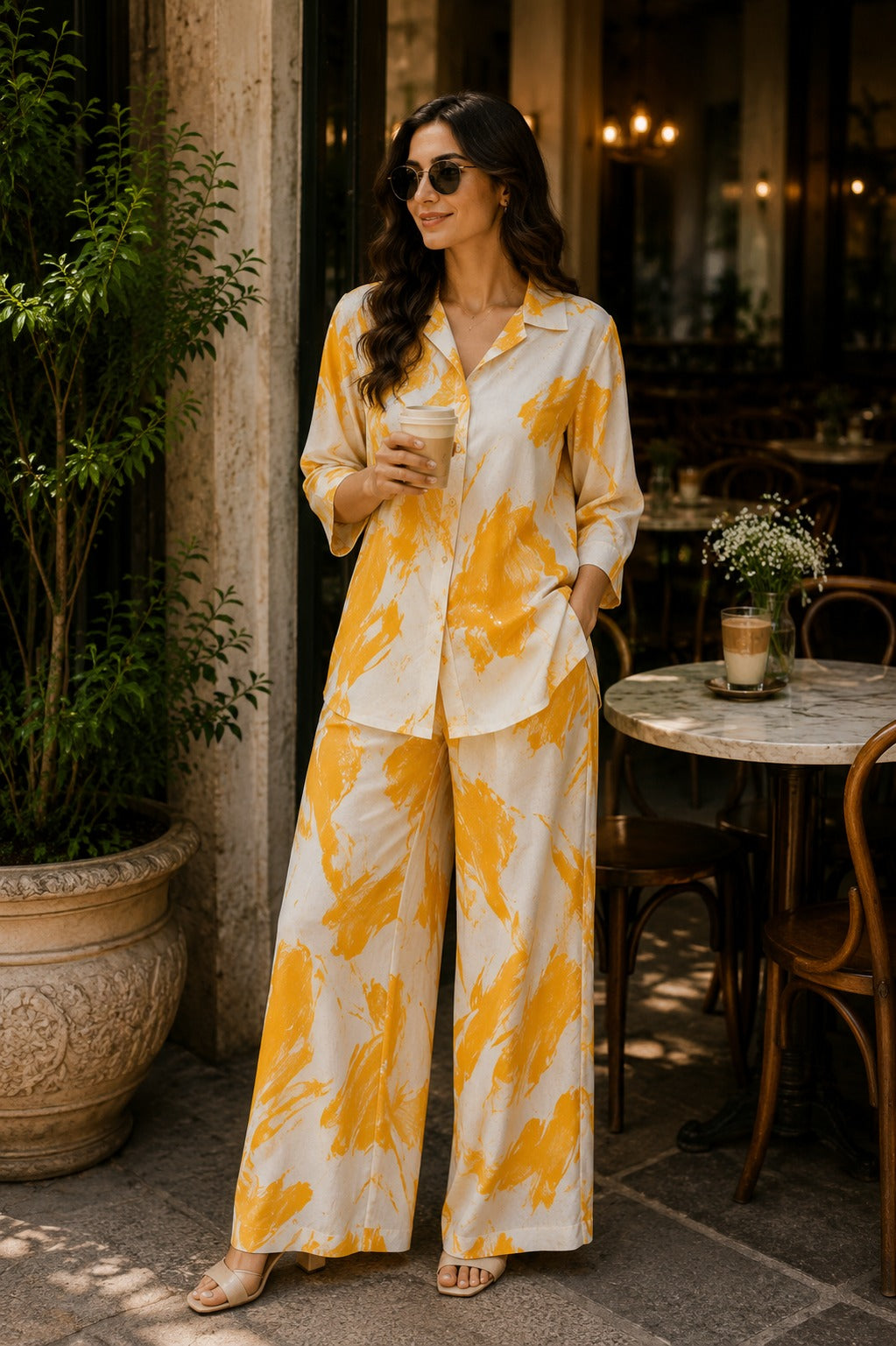 Women Mustard & Cream Printed Shirt with Wide-Leg Palazzo Co-ord Set