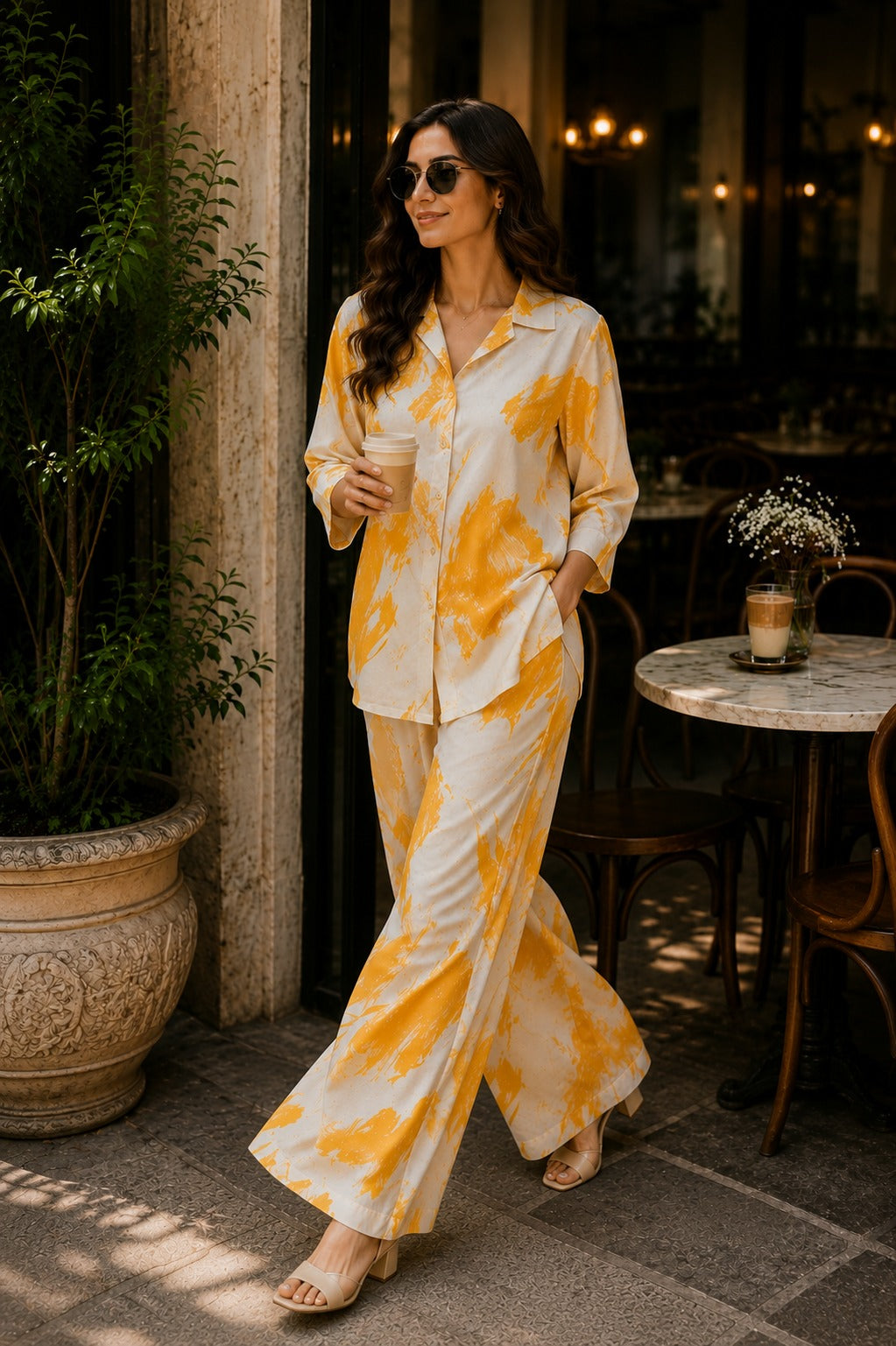 Women Mustard & Cream Printed Shirt with Wide-Leg Palazzo Co-ord Set