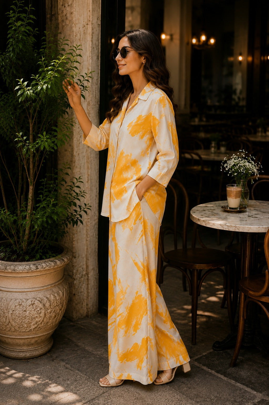 Women Mustard & Cream Printed Shirt with Wide-Leg Palazzo Co-ord Set