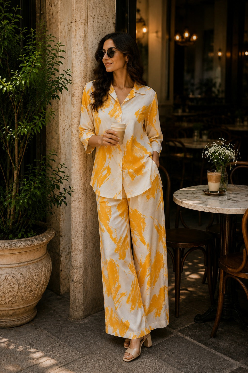 Women Mustard & Cream Printed Shirt with Wide-Leg Palazzo Co-ord Set
