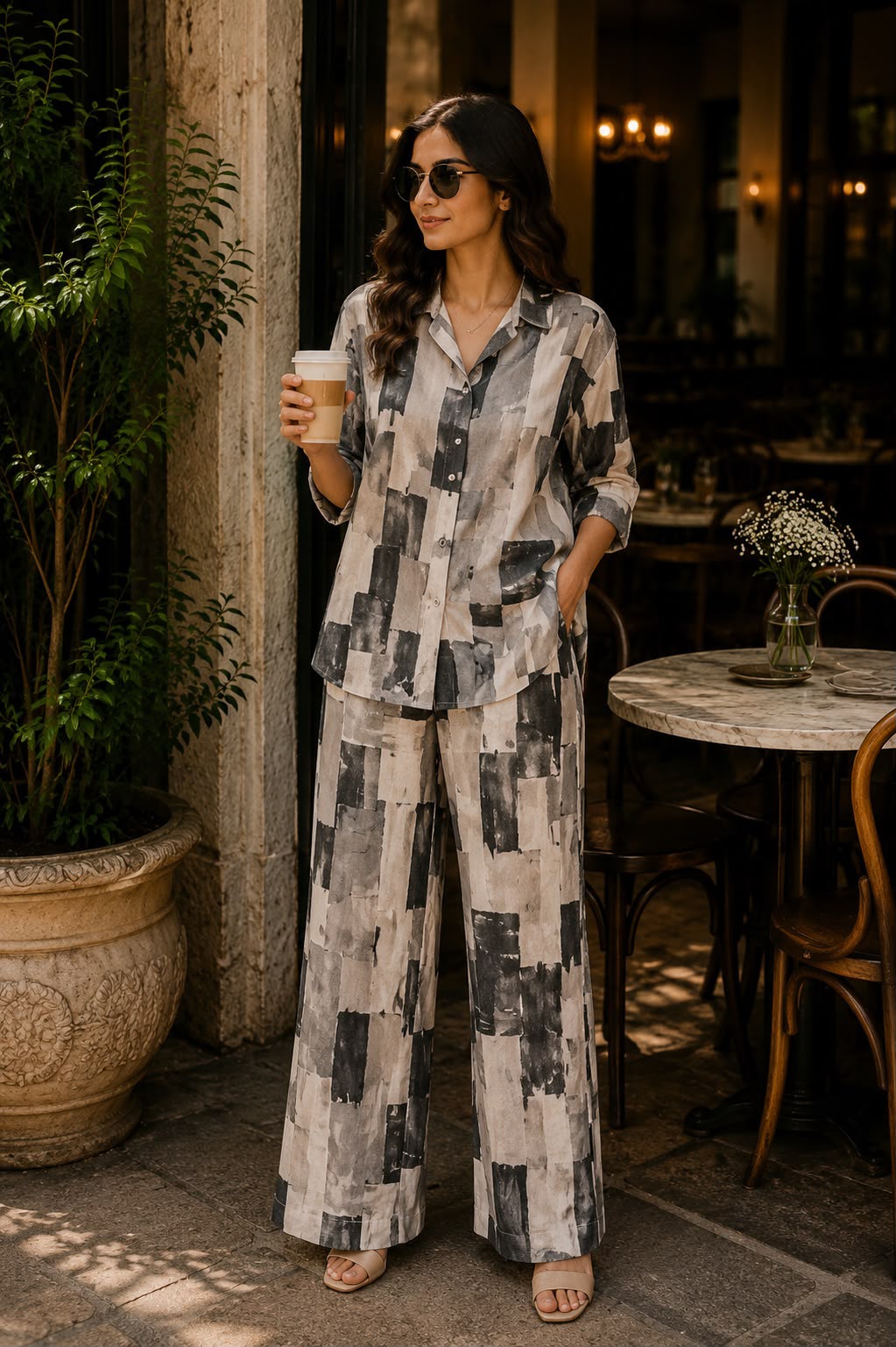 Grey Abstract Print Shirt with Wide Leg Pants Set