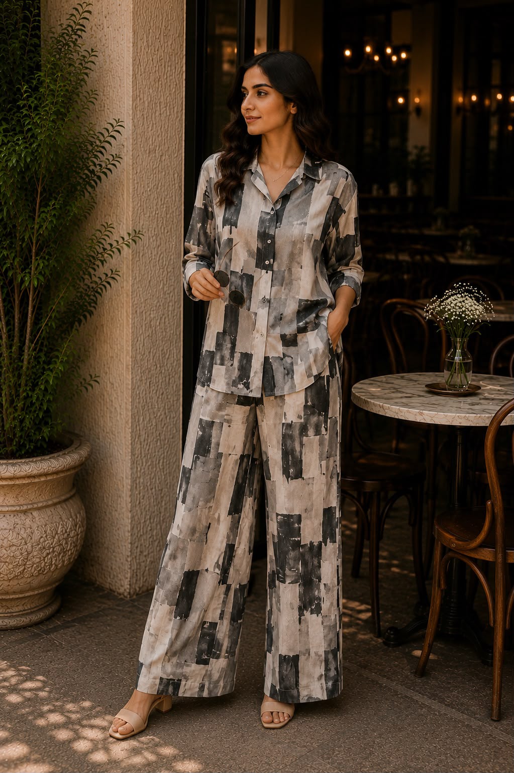 Grey Abstract Print Shirt with Wide Leg Pants Set