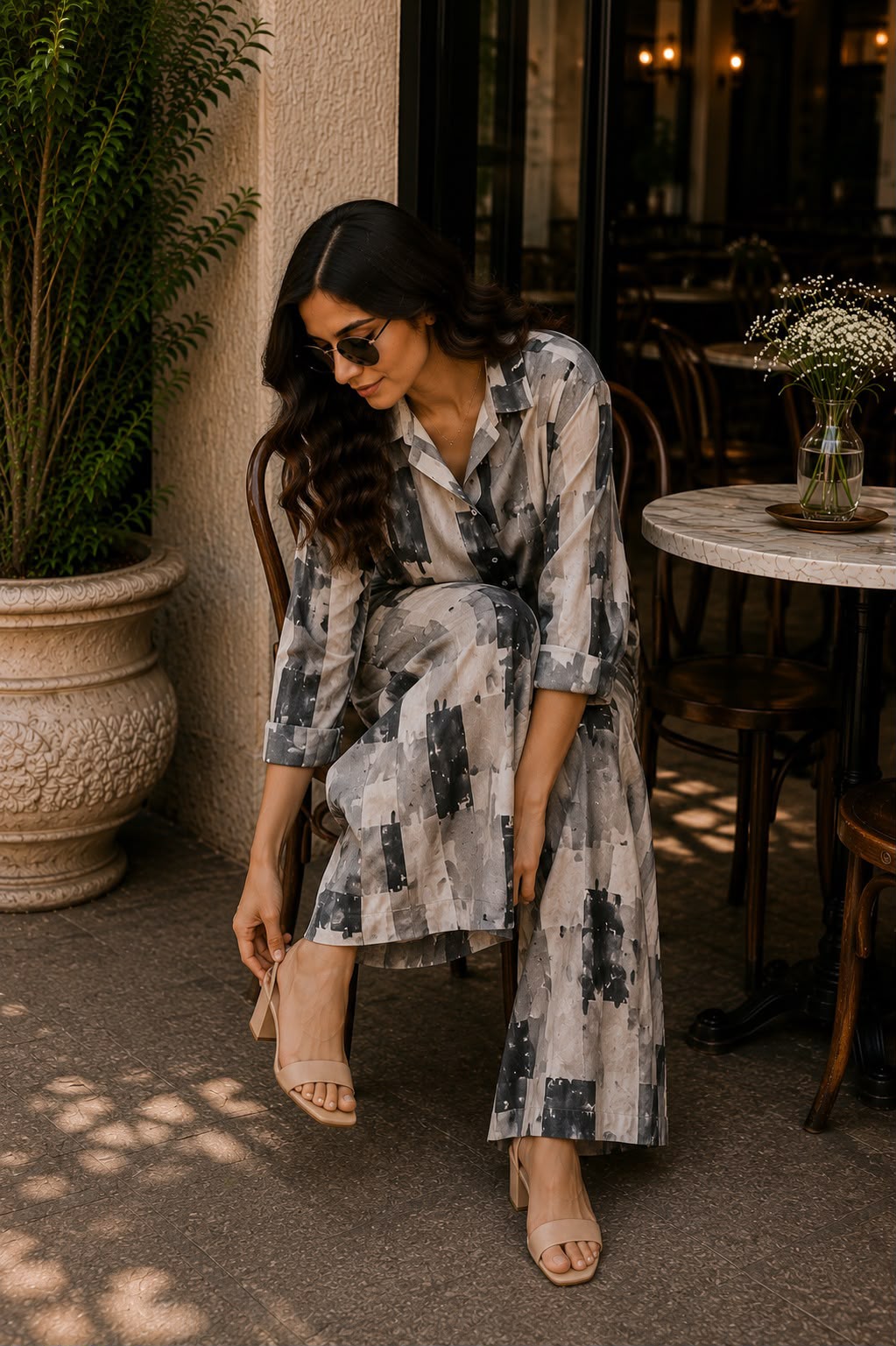 Grey Abstract Print Shirt with Wide Leg Pants Set