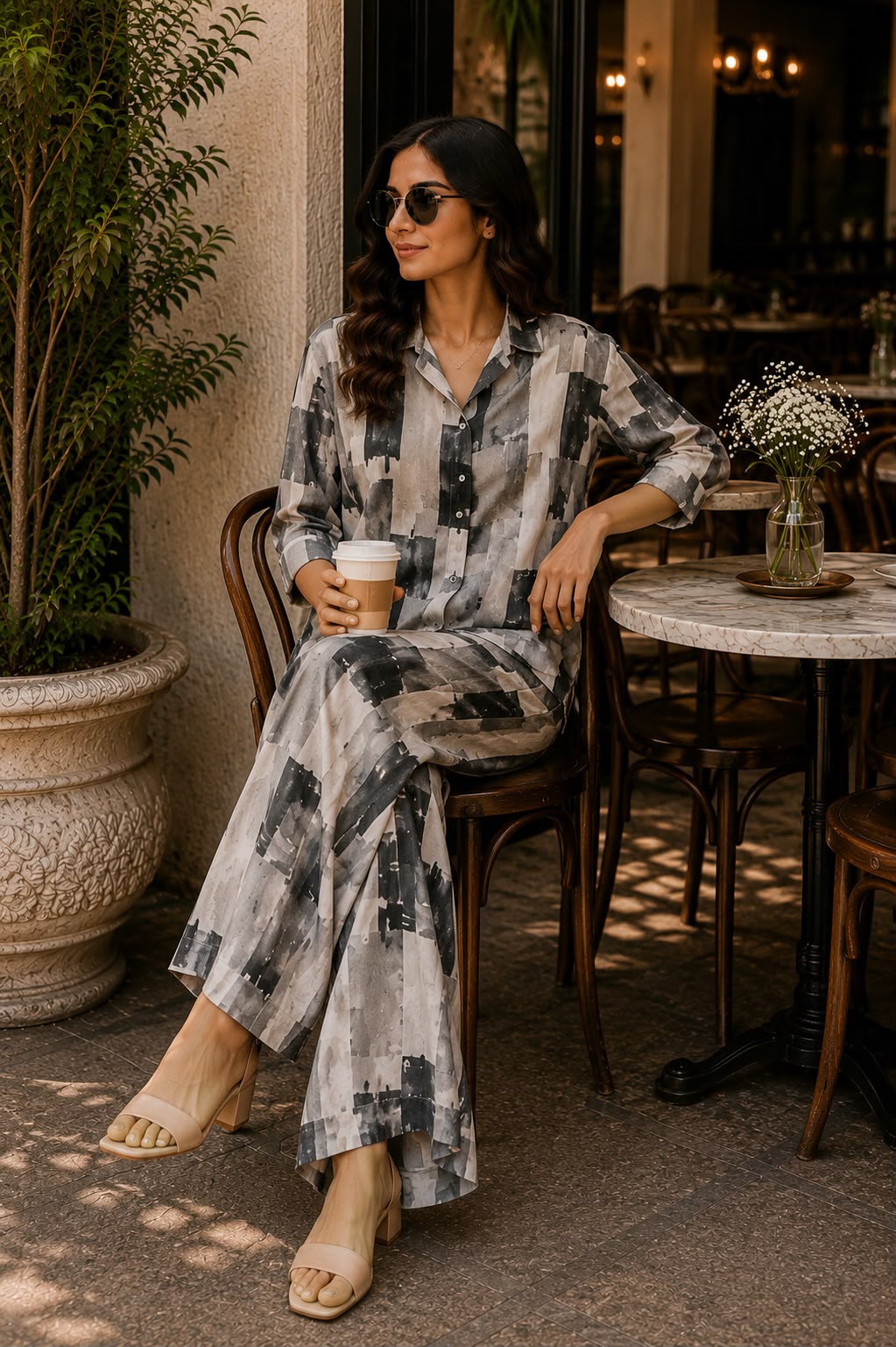 Grey Abstract Print Shirt with Wide Leg Pants Set