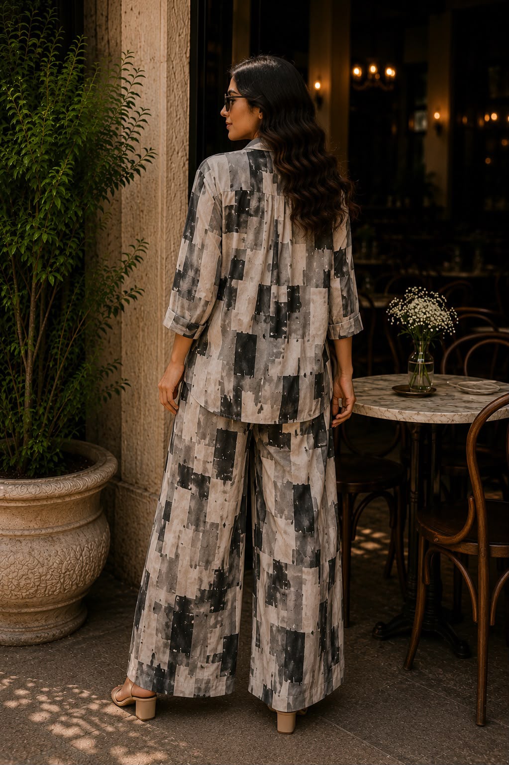 Grey Abstract Print Shirt with Wide Leg Pants Set