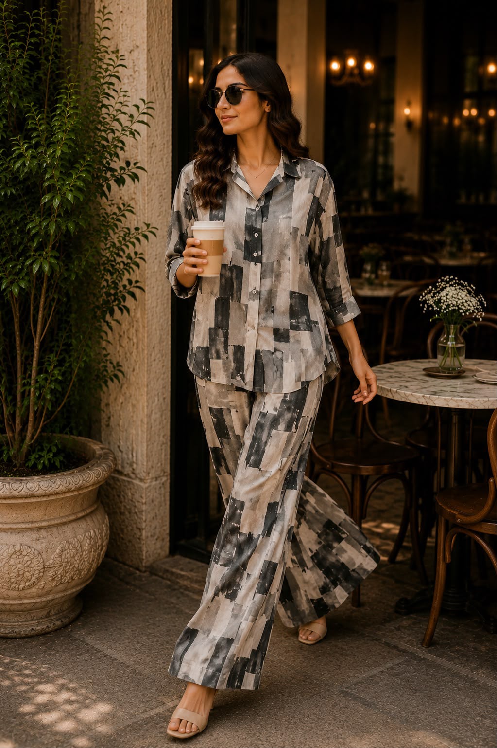 Grey Abstract Print Shirt with Wide Leg Pants Set