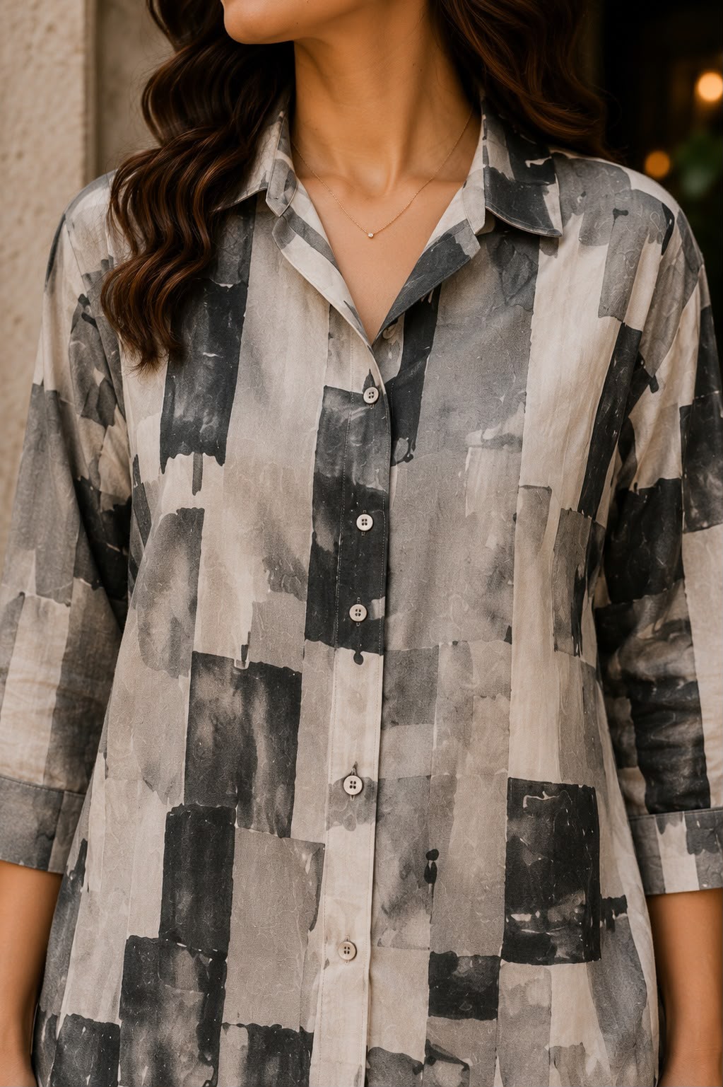 Grey Abstract Print Shirt with Wide Leg Pants Set