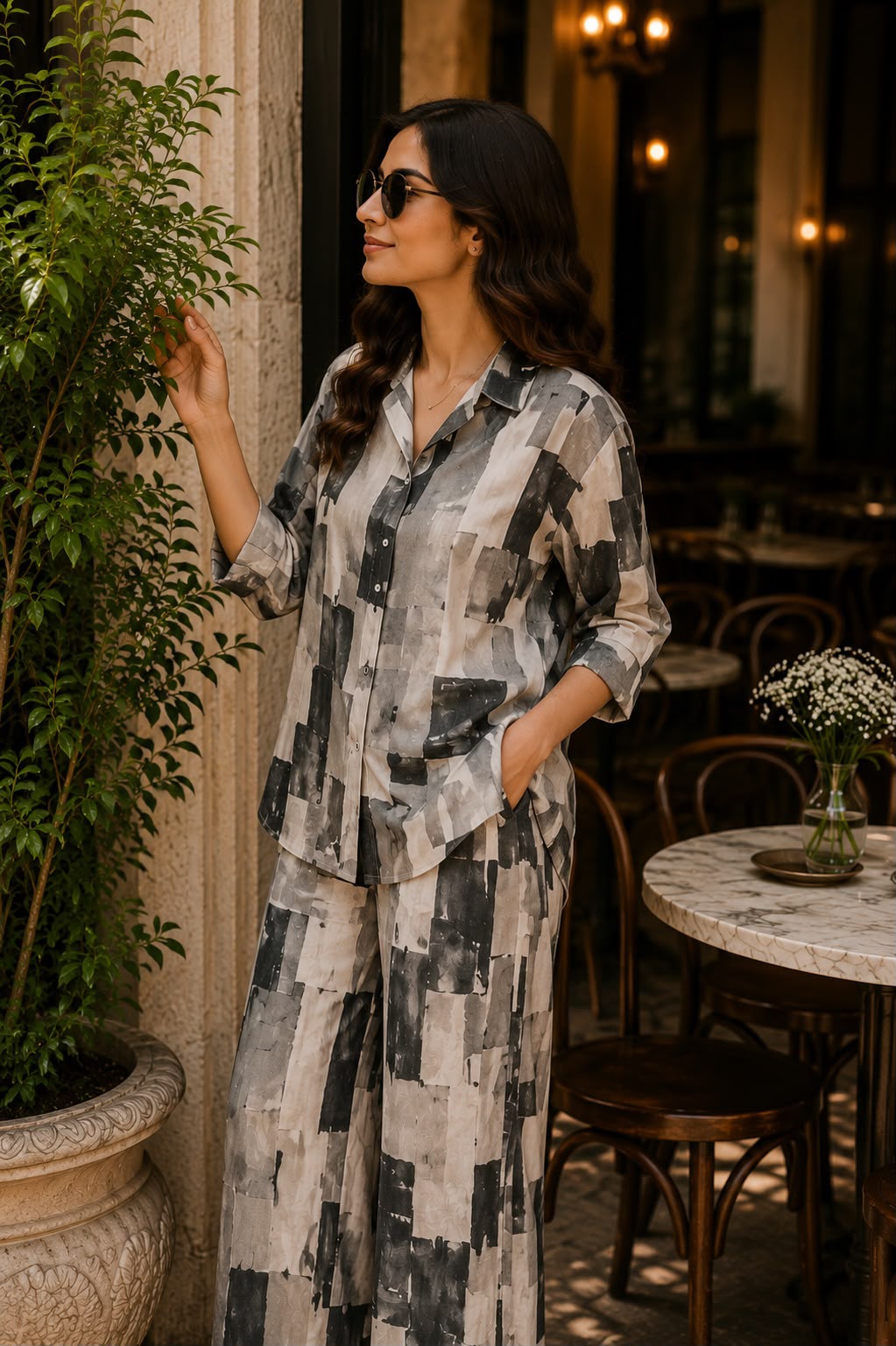 Grey Abstract Print Shirt with Wide Leg Pants Set