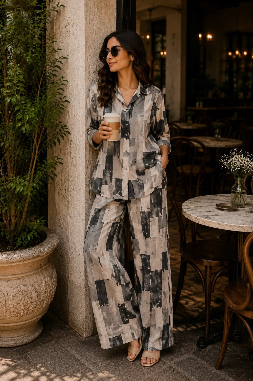 Grey Abstract Print Shirt with Wide Leg Pants Set