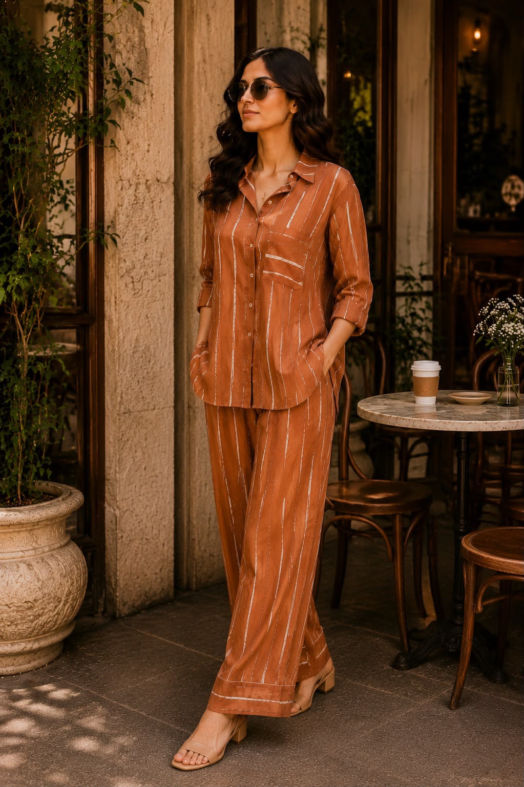 Earthy Brown Stripe Co-Ord Set for Women