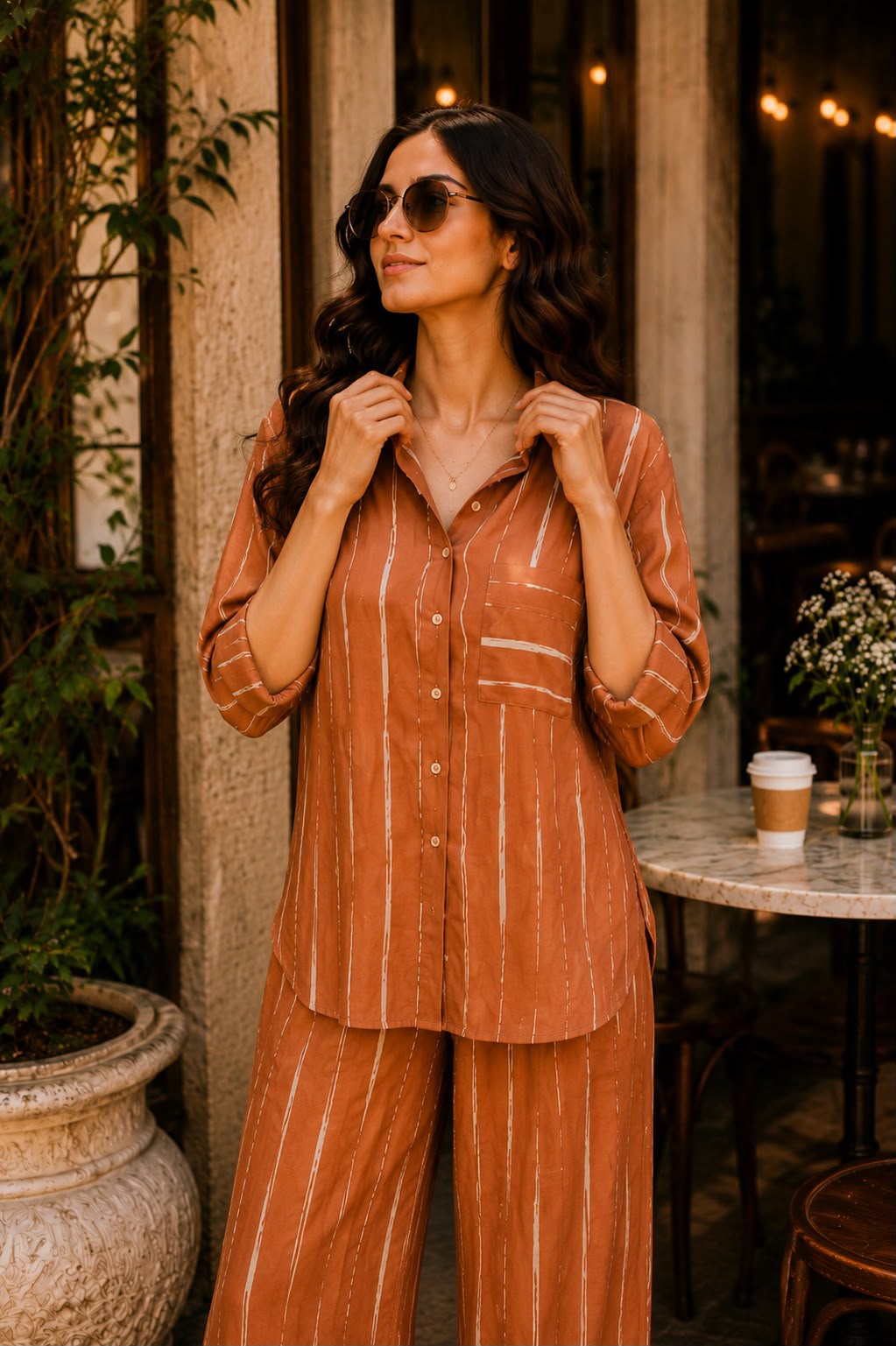 Earthy Brown Stripe Co-Ord Set for Women