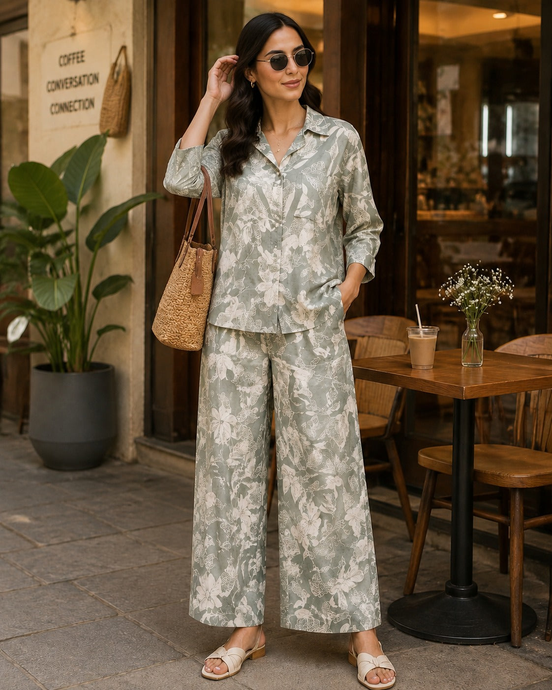 Sage Bloom Floral Shirt & Palazzo Co-Ord Set