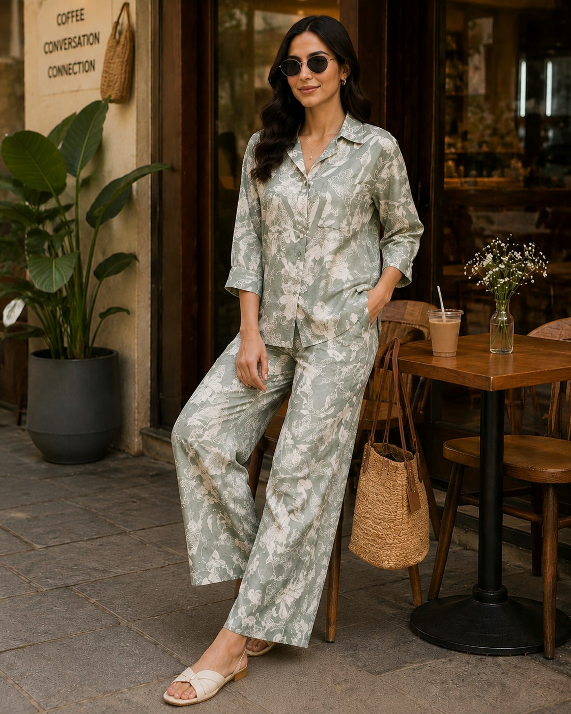 Sage Bloom Floral Shirt & Palazzo Co-Ord Set