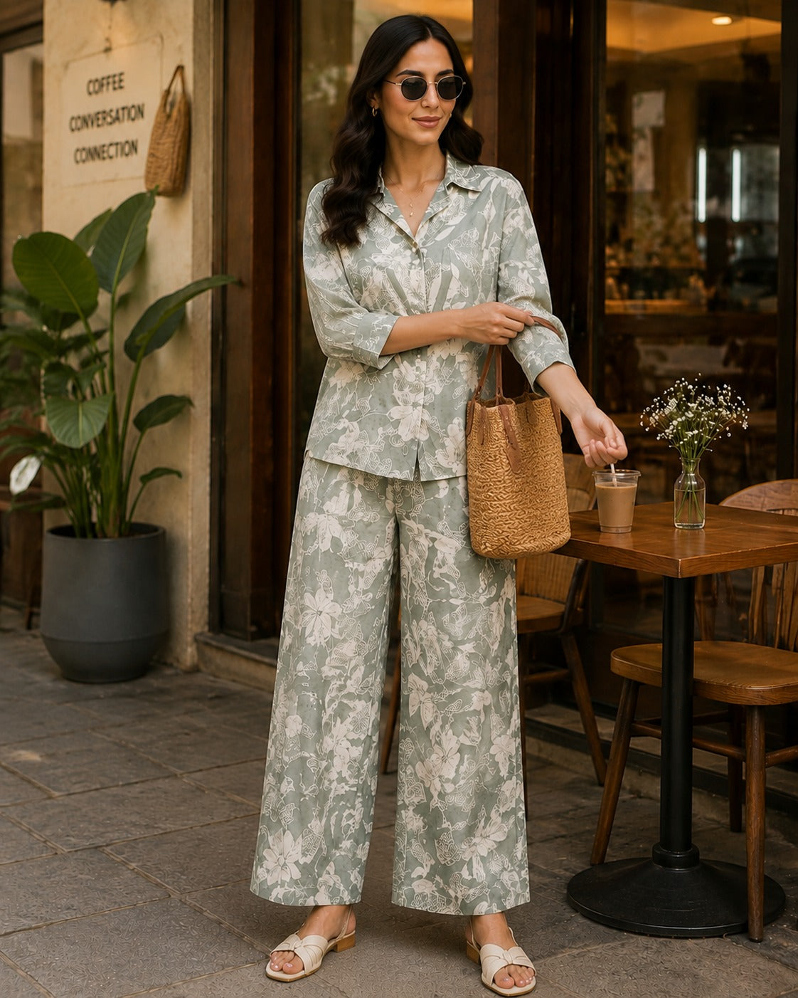 Sage Bloom Floral Shirt & Palazzo Co-Ord Set