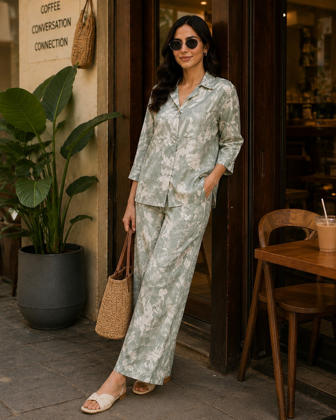 Sage Bloom Floral Shirt & Palazzo Co-Ord Set