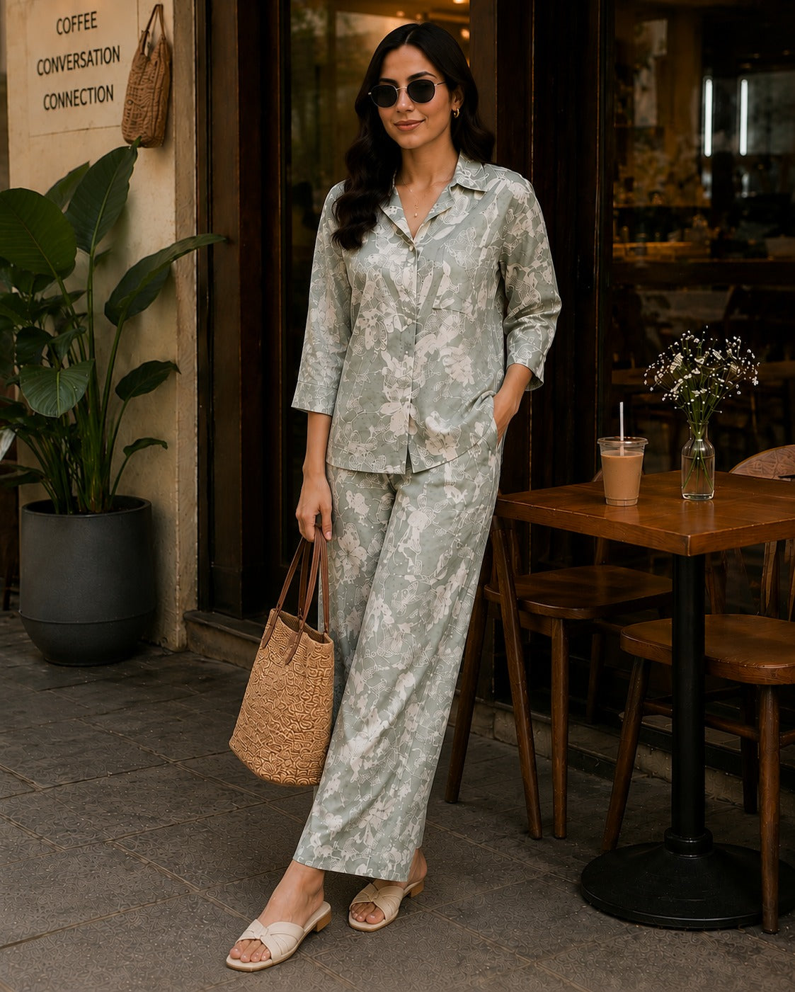 Sage Bloom Floral Shirt & Palazzo Co-Ord Set