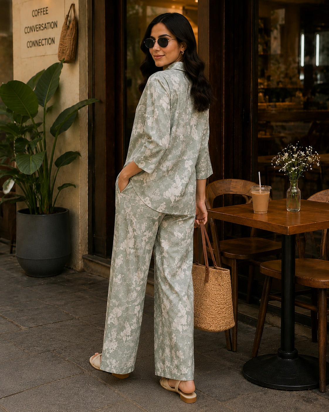 Sage Bloom Floral Shirt & Palazzo Co-Ord Set