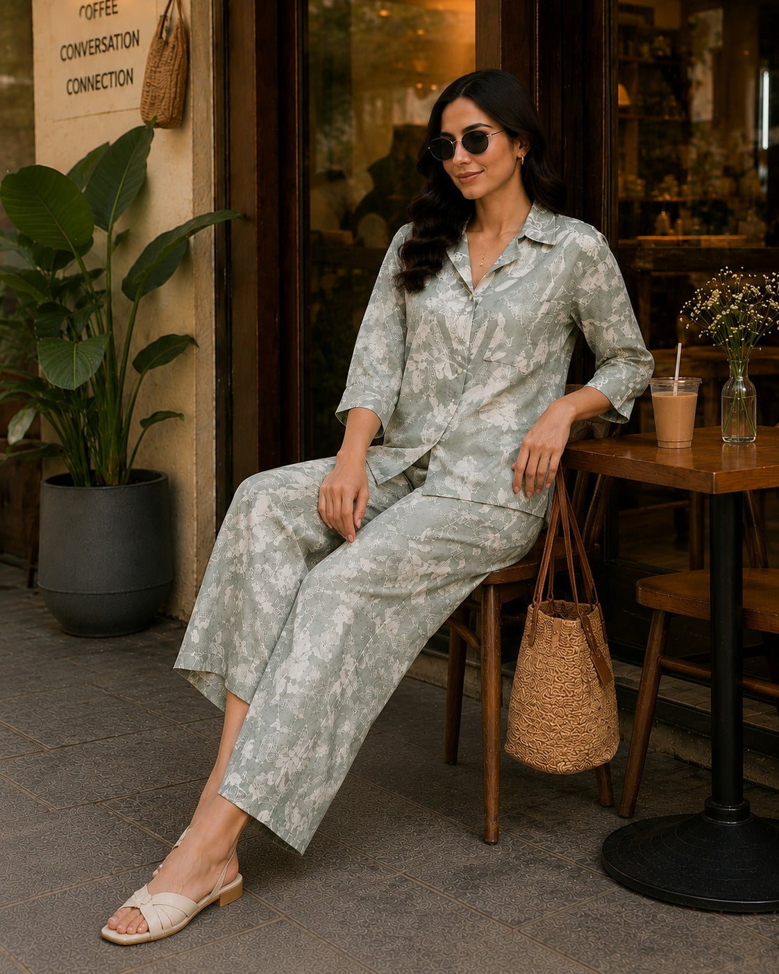 Sage Bloom Floral Shirt & Palazzo Co-Ord Set