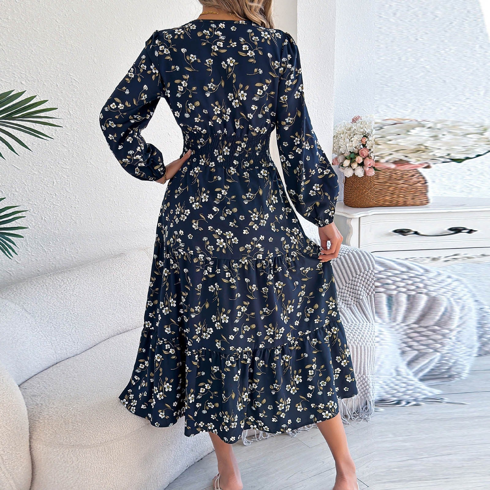 Navy Blue Floral Print Smocked Waist V-Neck Long Sleeve Maxi Dress