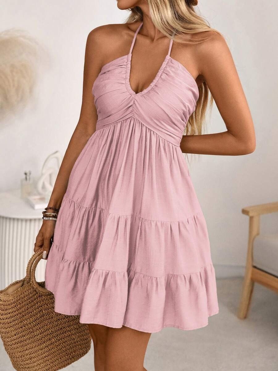 Blush Pink Halter Neck Tiered Dress