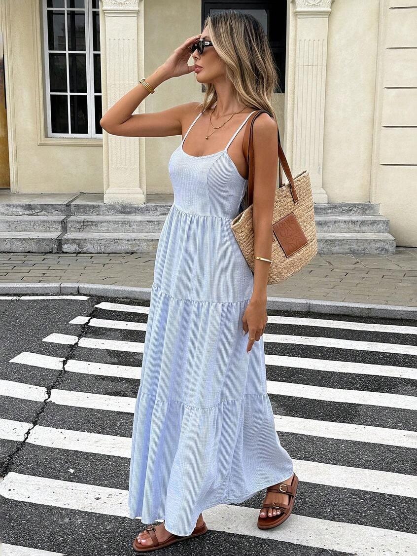 Sky Blue Striped Back Bow Maxi Dress