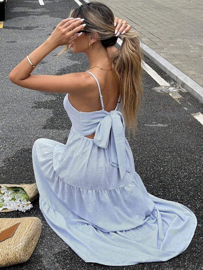 Sky Blue Striped Back Bow Maxi Dress