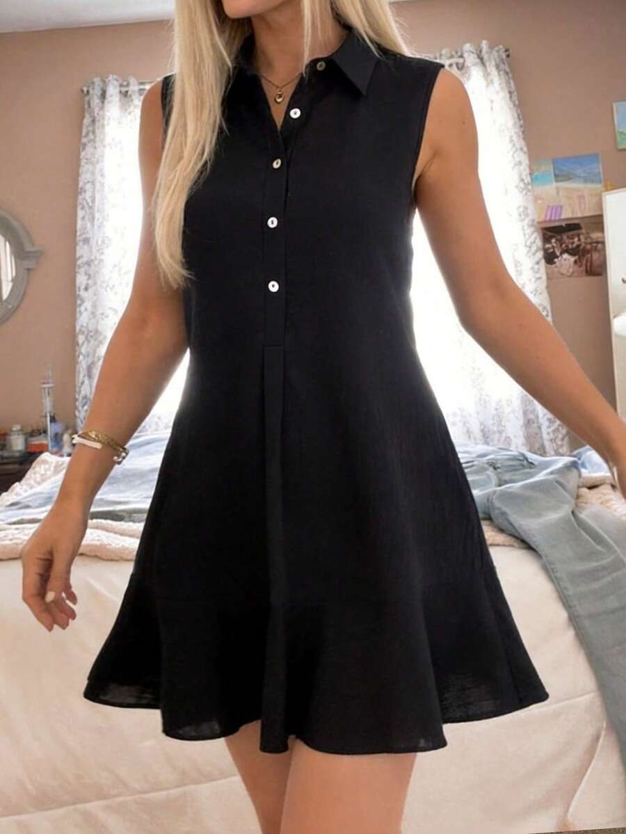 Classic Black Sleeveless Shirt Dress