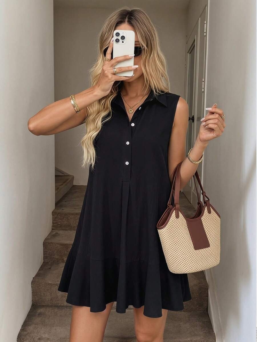 Classic Black Sleeveless Shirt Dress