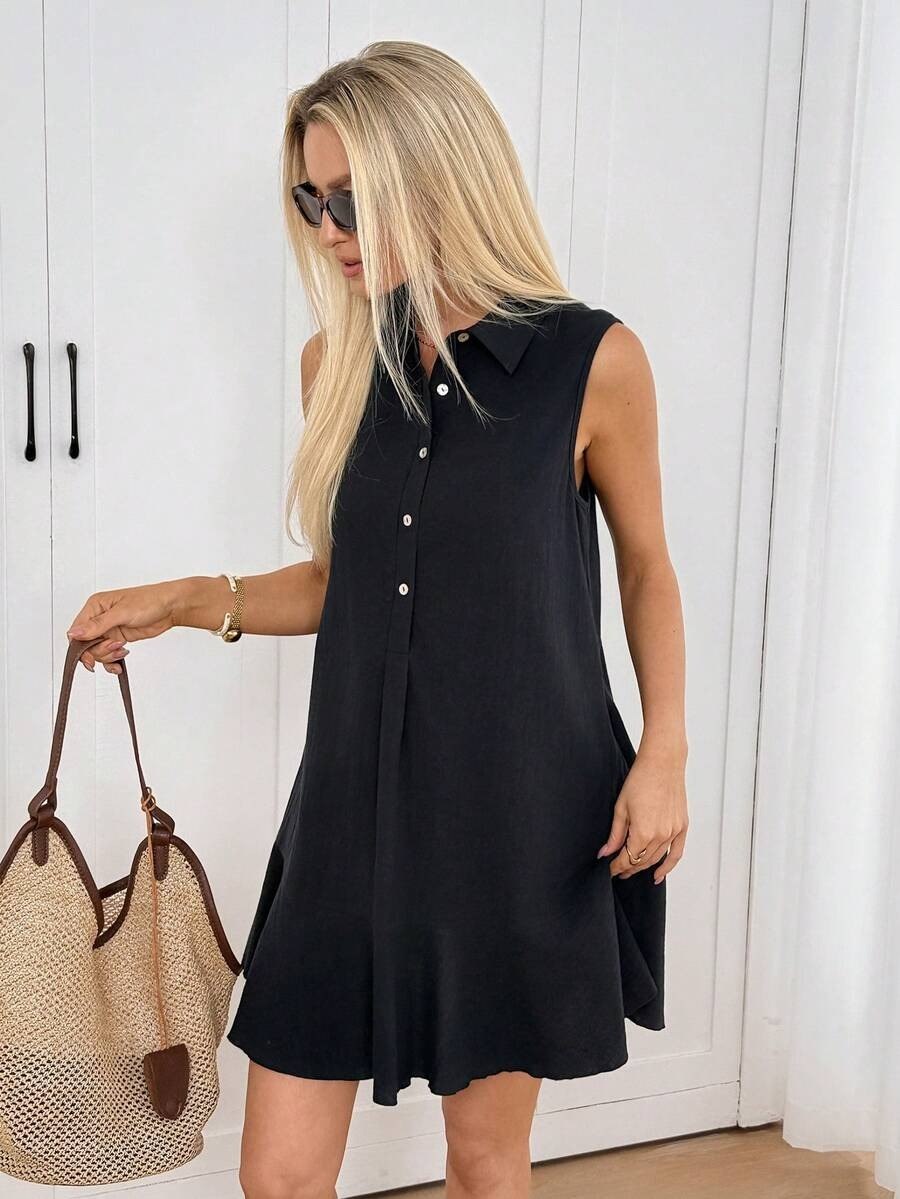 Classic Black Sleeveless Shirt Dress