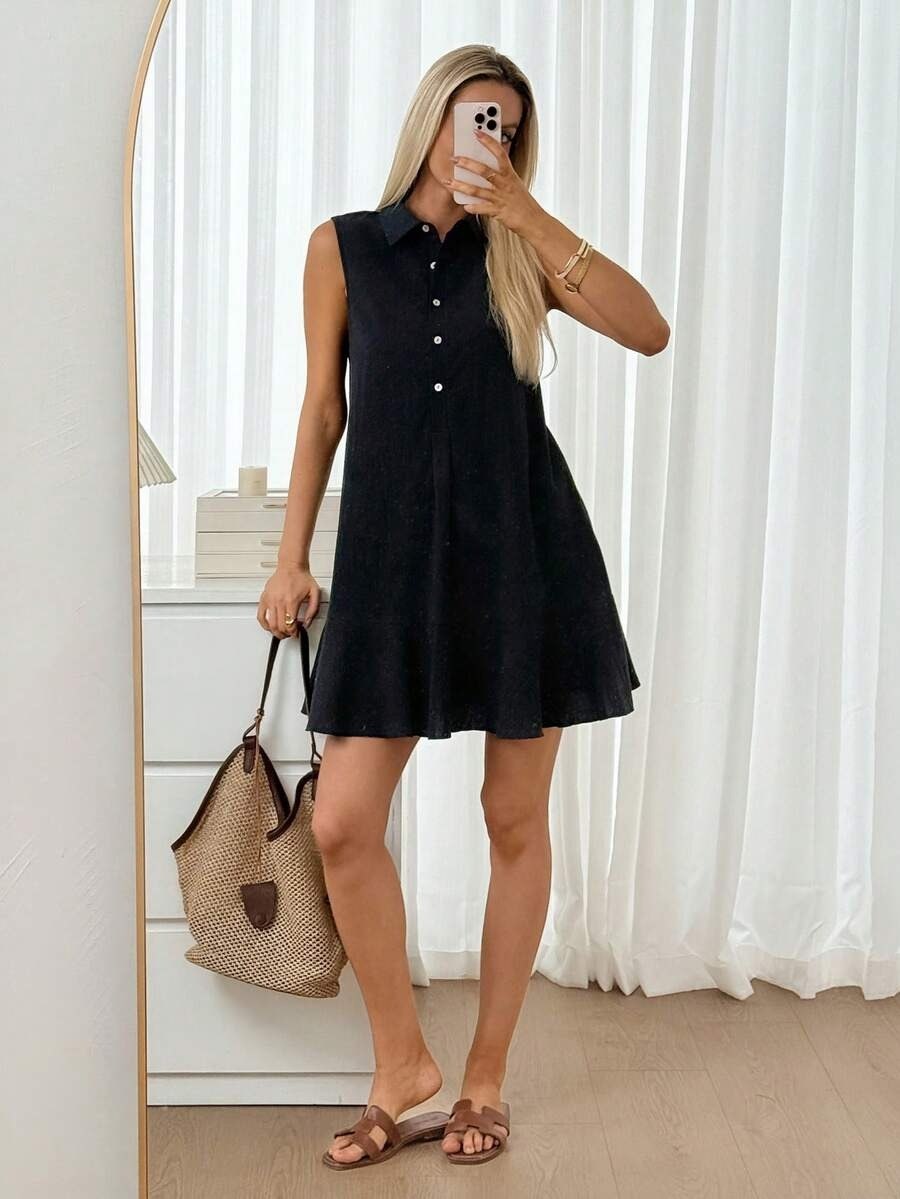 Classic Black Sleeveless Shirt Dress