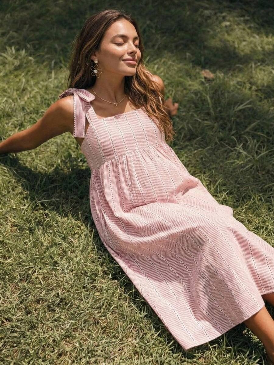 Blush Pink Tie Shoulder Striped Midi Dress