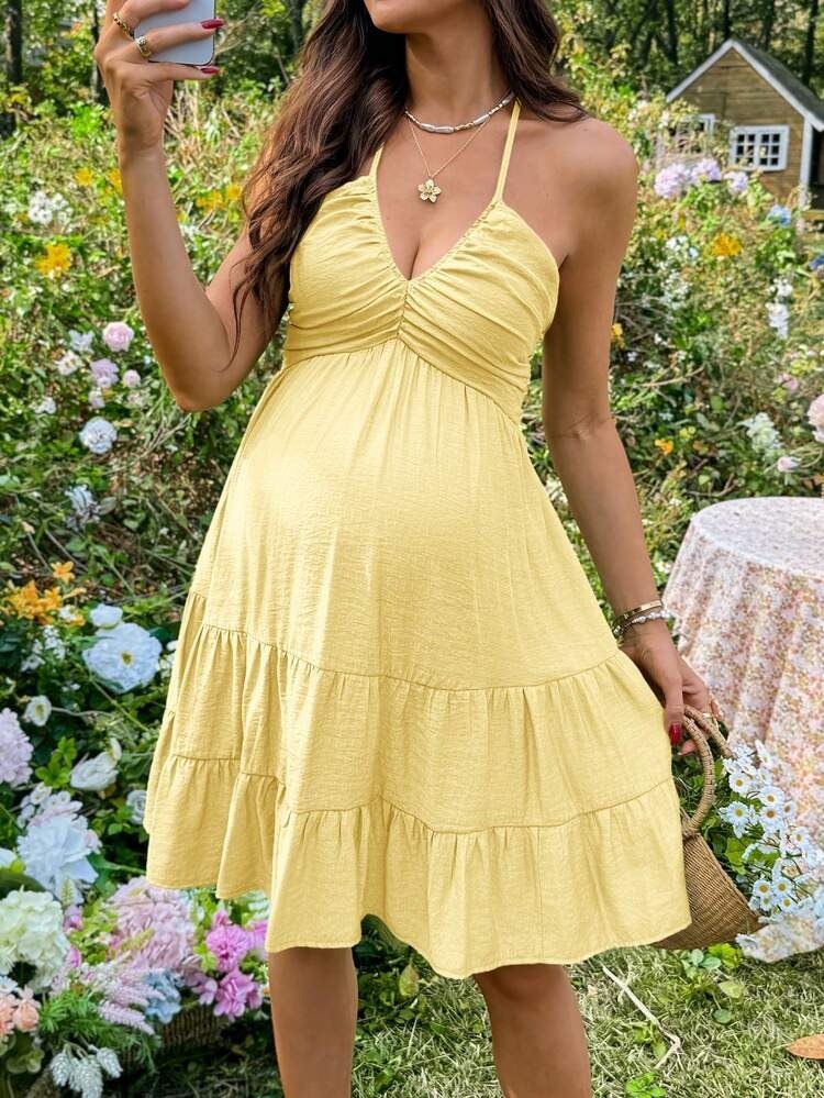 Yellow Halter Neck Tiered Mini Dress
