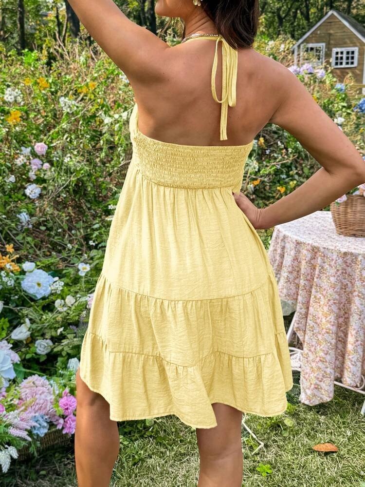 Yellow Halter Neck Tiered Mini Dress