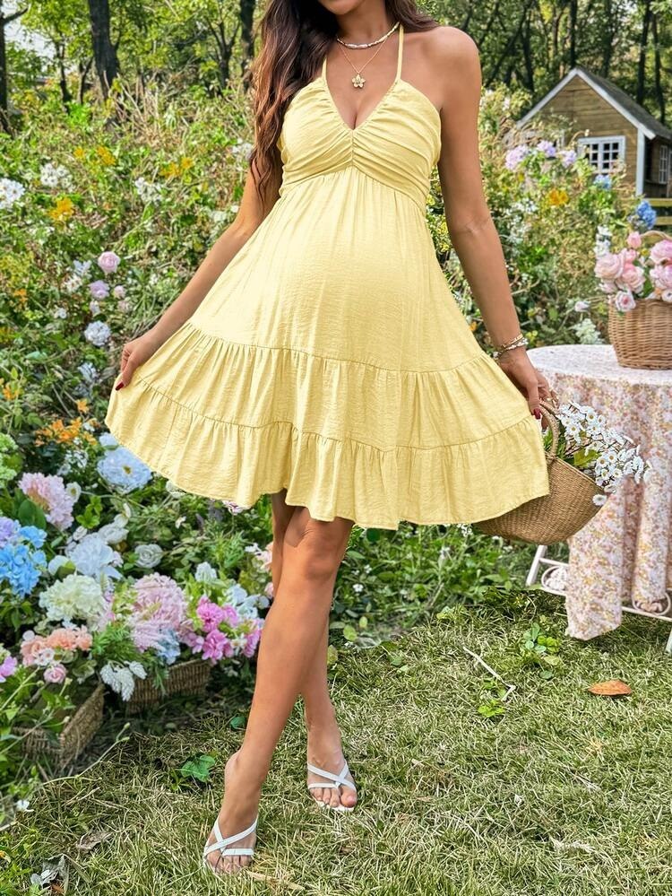 Yellow Halter Neck Tiered Mini Dress