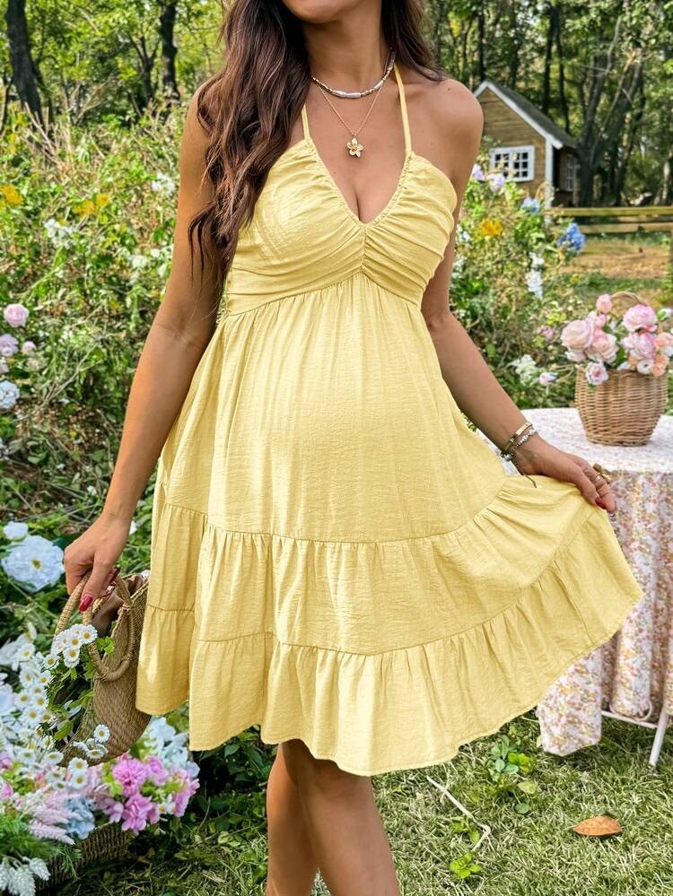 Yellow Halter Neck Tiered Mini Dress
