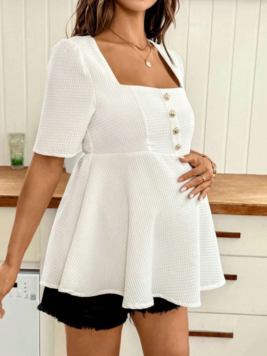 White Square Neck Peplum Top