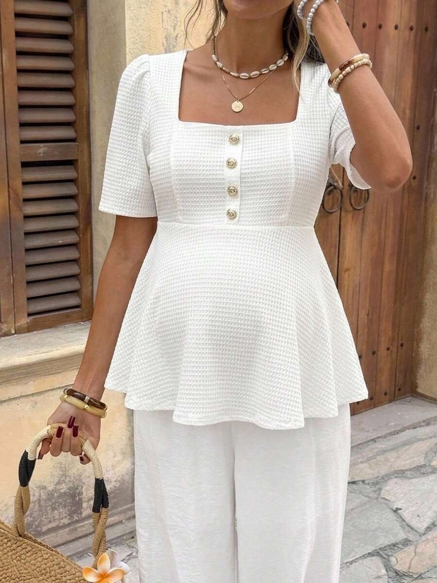 White Square Neck Peplum Top