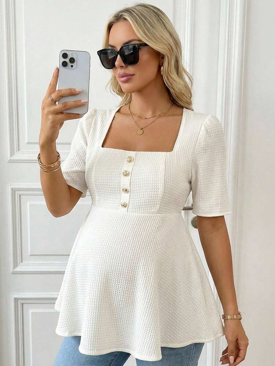 White Square Neck Peplum Top