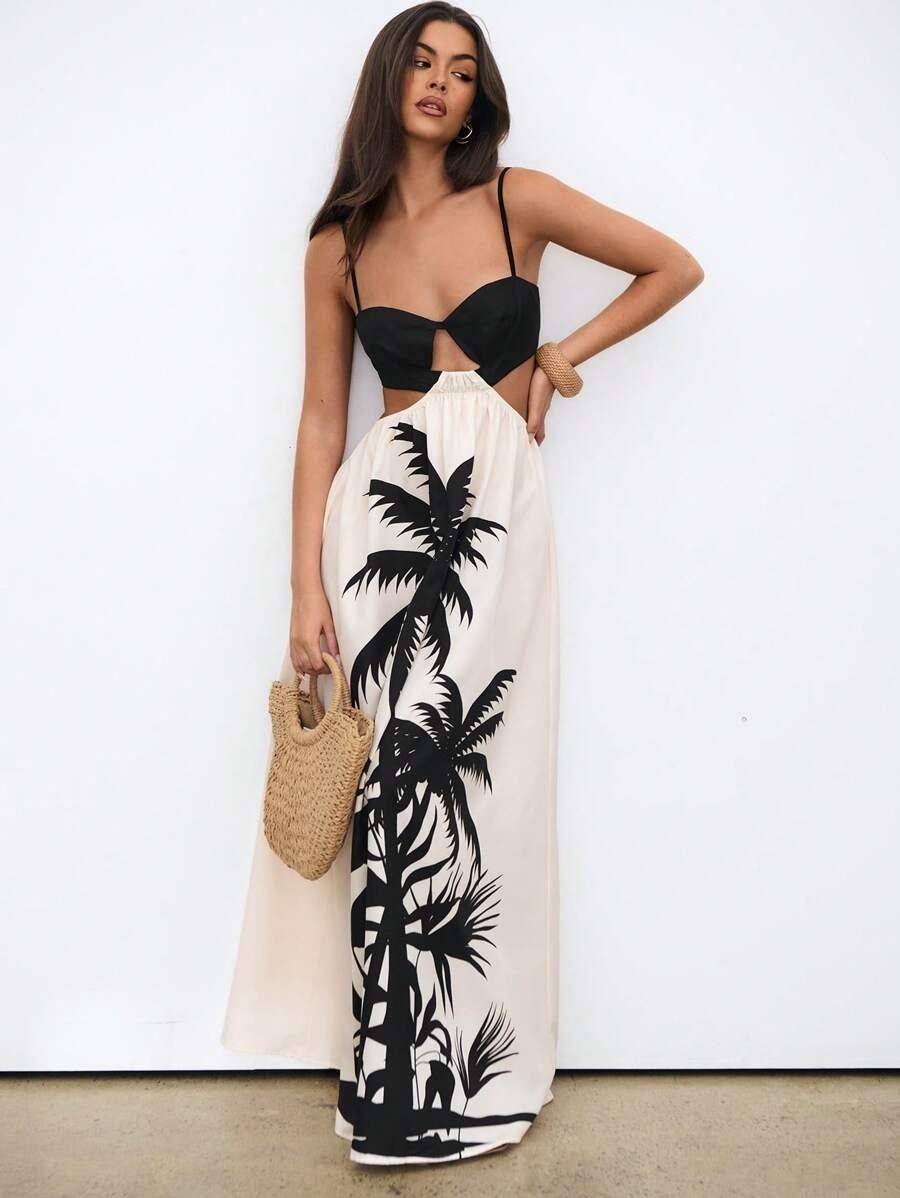 beachwear style black & white halterneck long dress